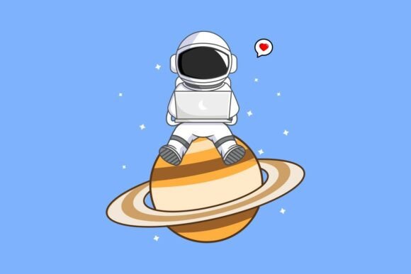 Astronaut Working on Laptop on Saturn Graphics