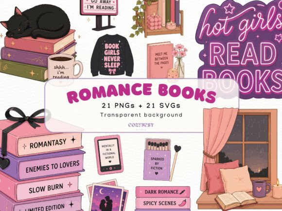 Book Lover Cliparts: Spicy Romance PNG Graphics