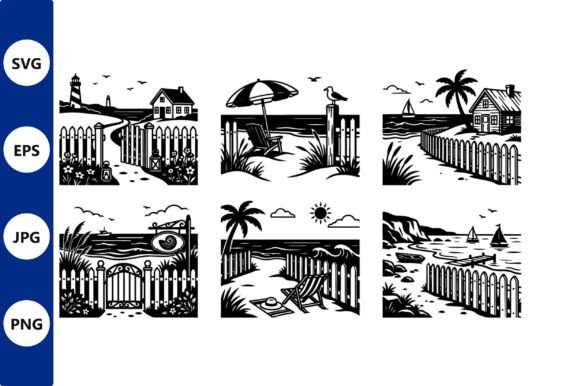 Coastal Beach Scenes: Vector Line Art Graphics & Illustrations