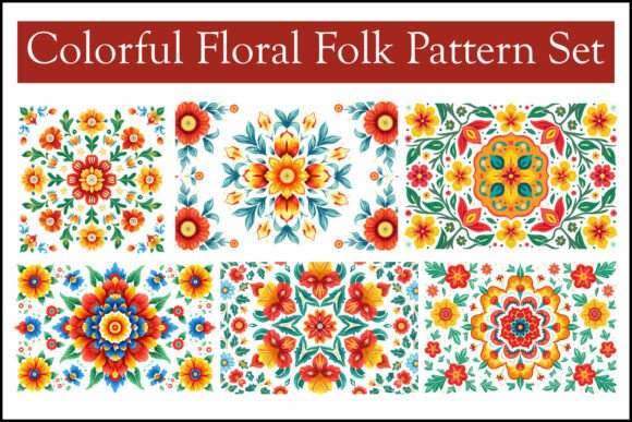 Colorful Floral Folk Pattern Set: Graphics & Illustrations