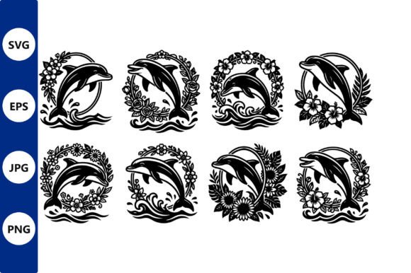 Dolphin Vector with Floral Wreaths: Graphics & Illustrations