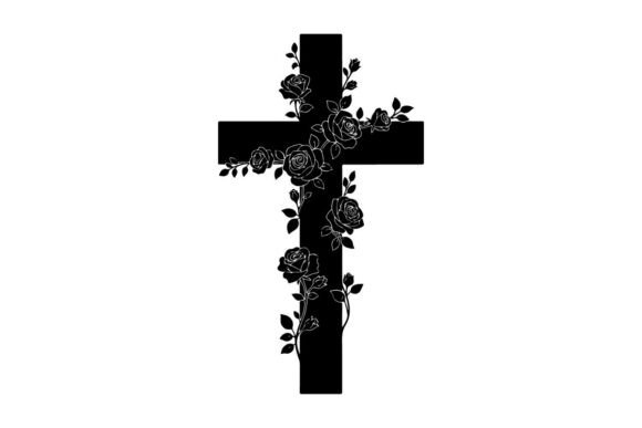 Elegant Black Cross with Floral Rose Graphics
