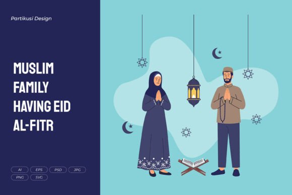 Muslim Family Having Eid Al-Fitr Graphics & Illustrations