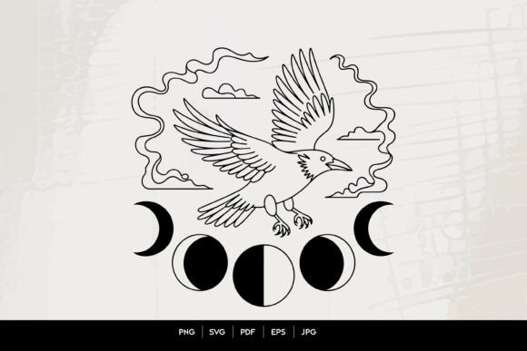 Mystical Raven Moon Phases Line Art Graphics Review