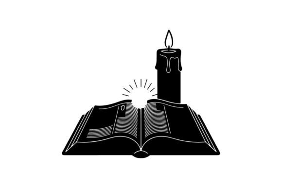 Open Bible with Lit Candle Symbolizing F Graphics