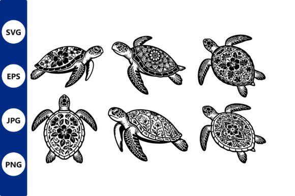 Ornate Floral Sea Turtle Pattern: Graphics & Illustrations