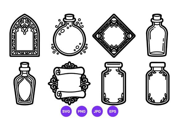 Vintage Bottle and Ornate Frame Line Art Graphics
