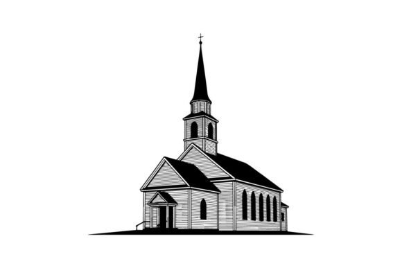 White Wooden Church Illustration with St Graphics